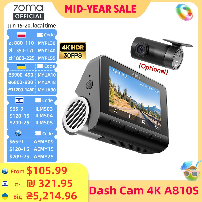 New 70mai Dash Cam A810S 4K HDR GPS ADAS Auto Record Dual-Channel Motion Detection 4G LTE Support Car DVR 70mai A810S Global Ver
