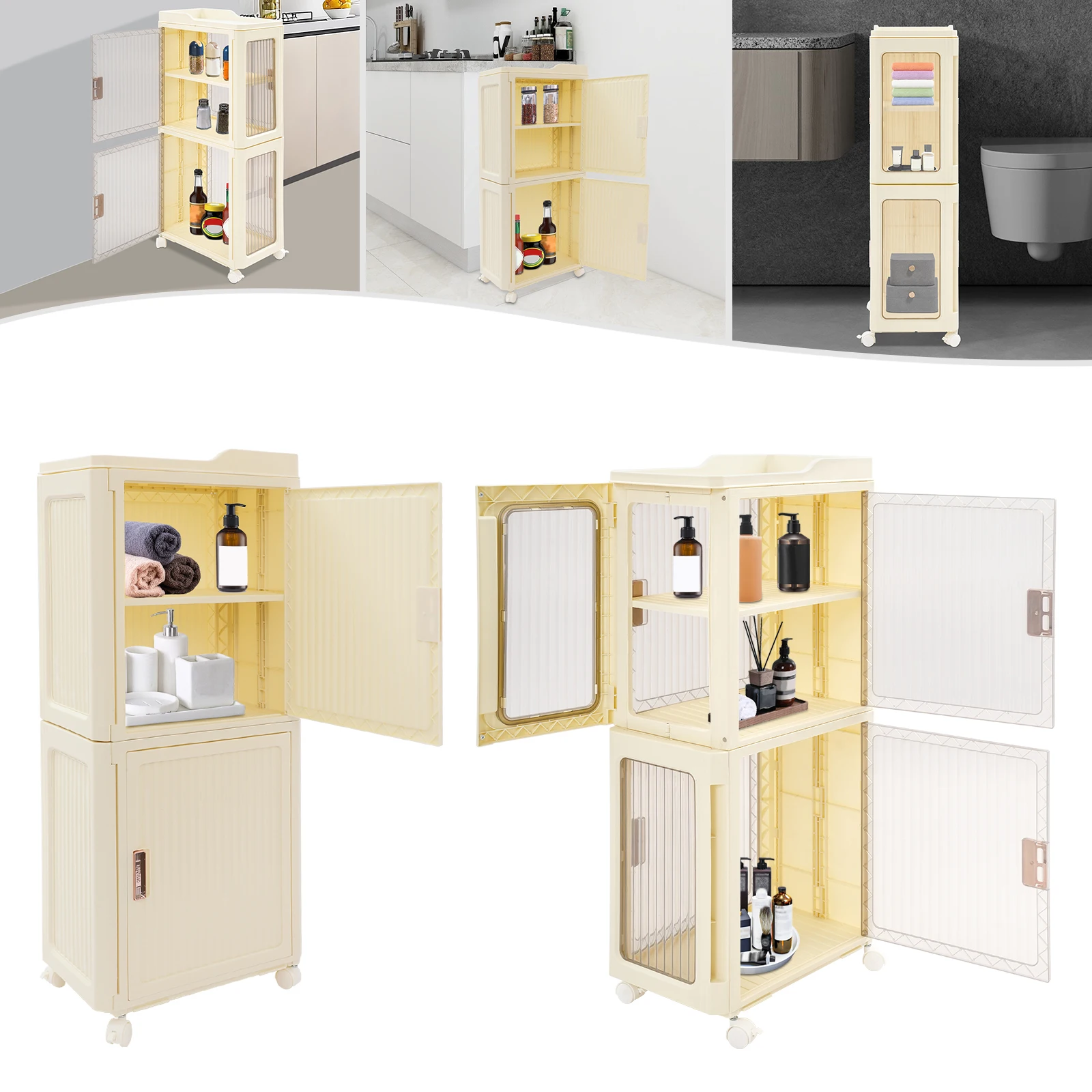 

Milky White/Milky White+Clear Narrow Slim Storage Sabinet, 4-Tier Slim Storage Cabinet, Storage Cabinet with Lockable Wheels