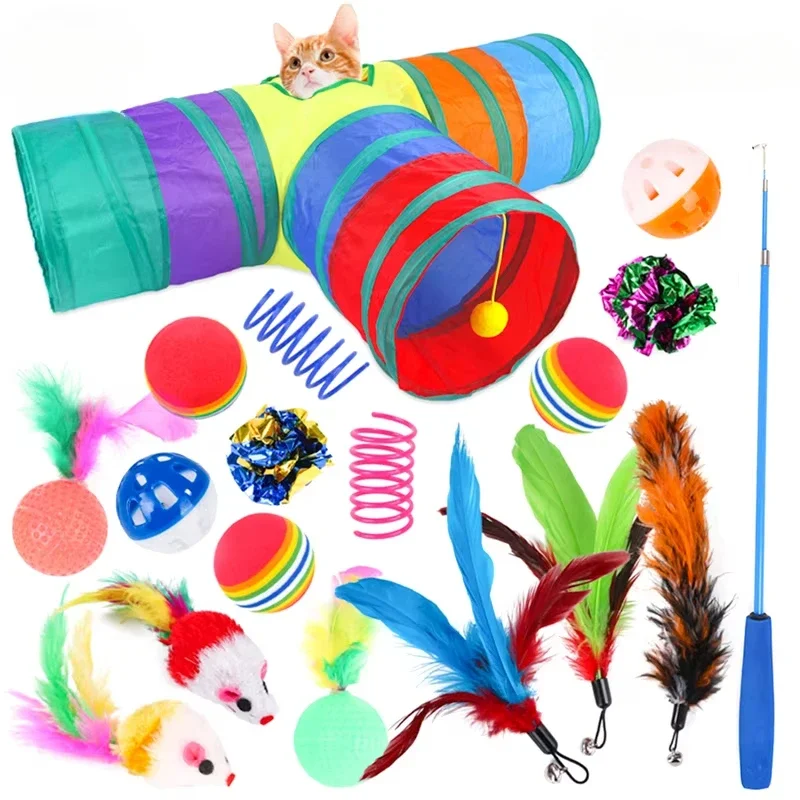 Hot Selling Wholesale Pet Cat Toy Set 21 Pieces  Channel Tunnel Mouse Plush Ball Bell Interactive  Toys