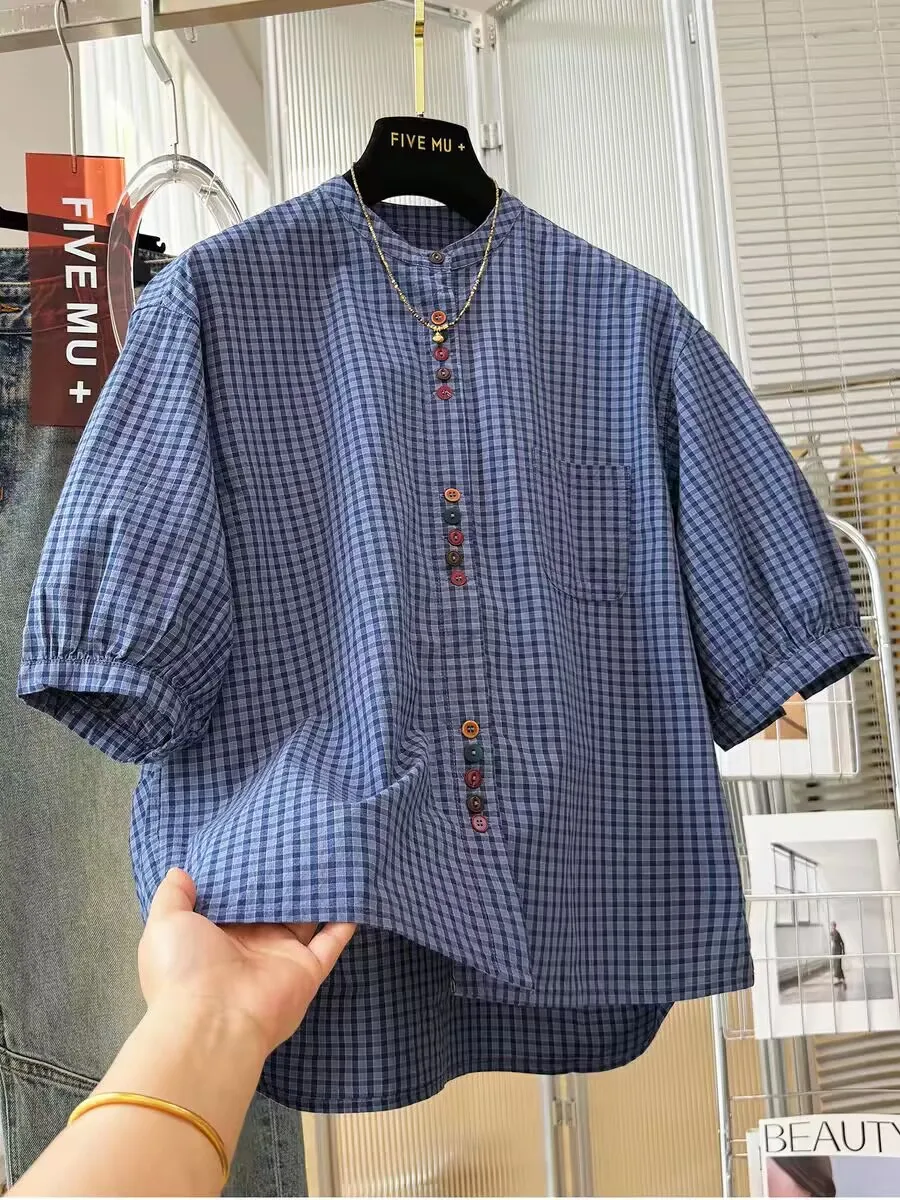 

RAIN YAN LIN Summer New Fashion Retro Plaid Cotton Linen Shirt Women's O-Neck Short Sleeve Loose Cardigan Versatile Top