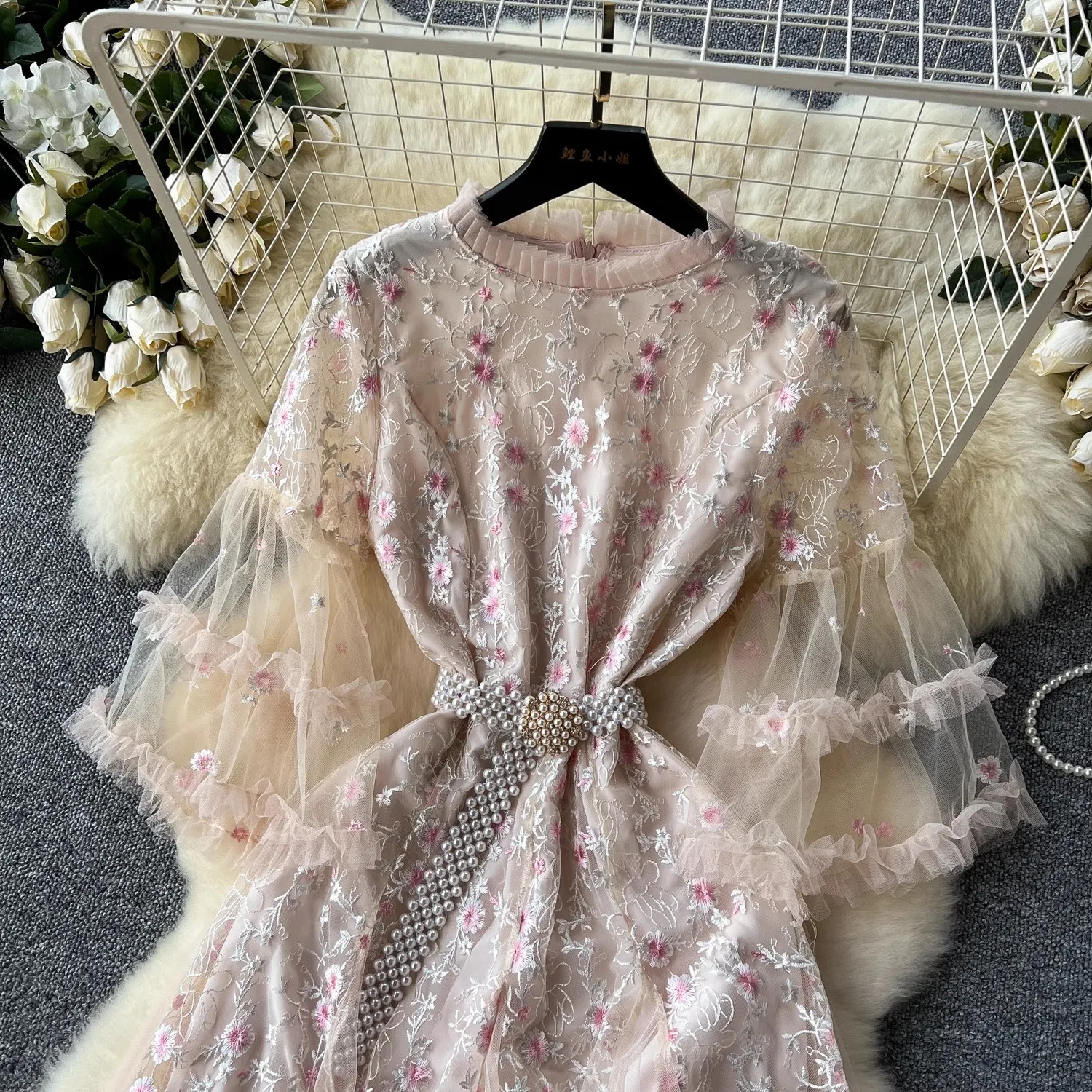 Runway Holiday Ruffles Mesh Tulle Floral Print Long Dress Women\'s Flare Sleeve Pearl Belt Embroidery Evening Party Vestidos Pink