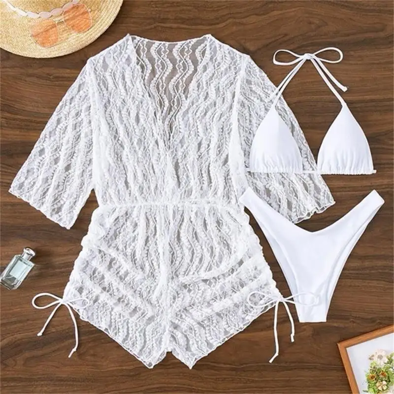 Womens Solid Swimsuits Bathing Suit 3 Pieces Bikinis Set with Lace Up Cover Up