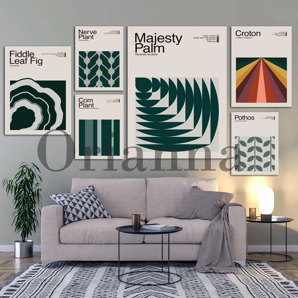 Fiddle Leaf Fig Corn Plant Dracaena Angel Wing Begonia Zebra Croton Tree Philodendron Majesty Palm Mid-Century Houseplant Poster