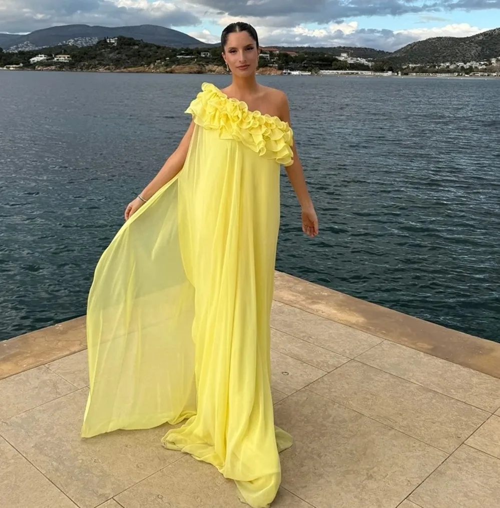

New Yellow Chiffon Evening Formal Dress For Pregnant One Shoulder Ruffles Sleevs Empire Prom Party Gowns Robe De Soiree