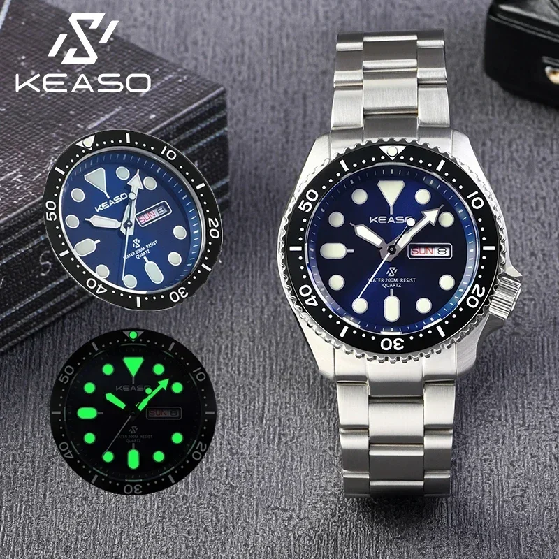 KEASO Luxury Men Quartz Diving Watch 20ATM Waterproof Sapphire Glass Ceramic Bezel RONDA 2105 Quartz Movement Men's Wrist watch