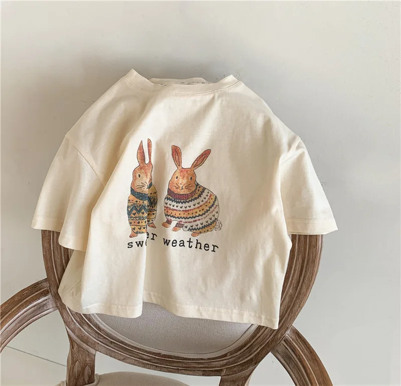 Kids Clothes 2022 Summer Children Short Sleeve Korean Rabbit Flower Print T-Shirt Baby Cute Half Sleeve Round Neck Top