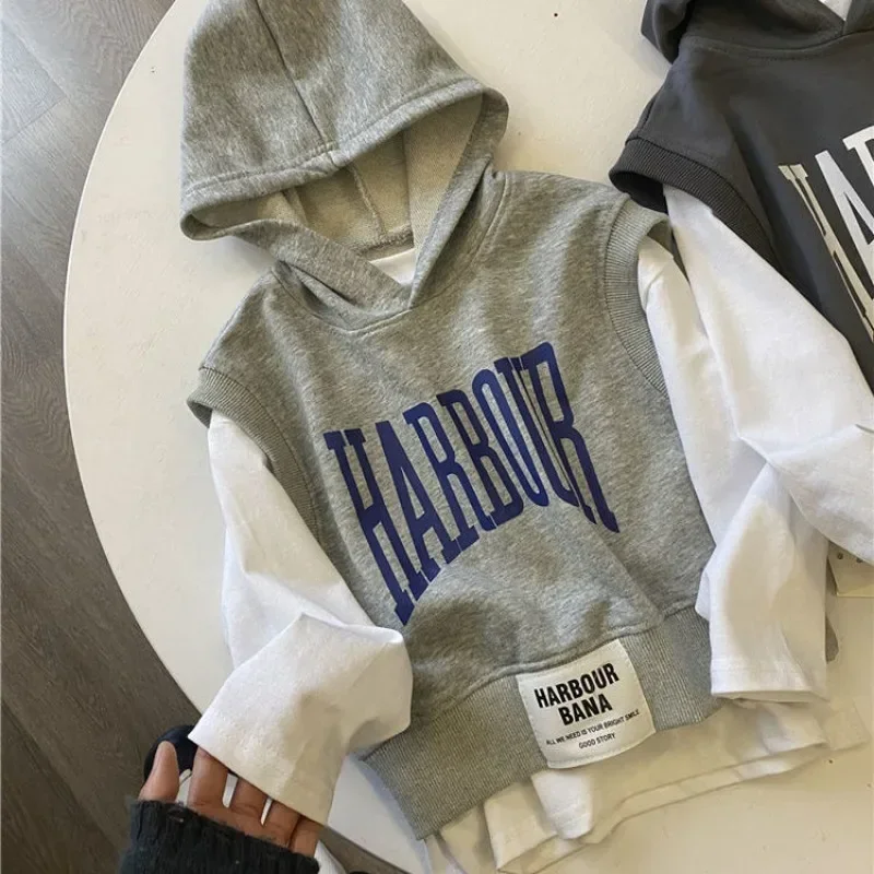 100-150cm Teens Boys Autumn 2024 New Baby Fashionable Letter Sweater +Hooded Vest Two Piece Children's Spring Autumn Sweater Set