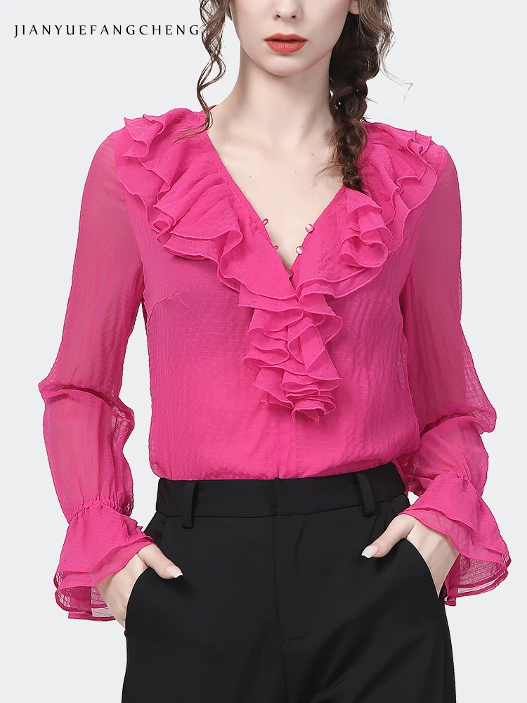 Fashion Rose Red Chiffon Blouse Women 2022 Spring New Long Sleeve V-Neck Ruffles Top Elegant Slim Female Casual Office Shirts