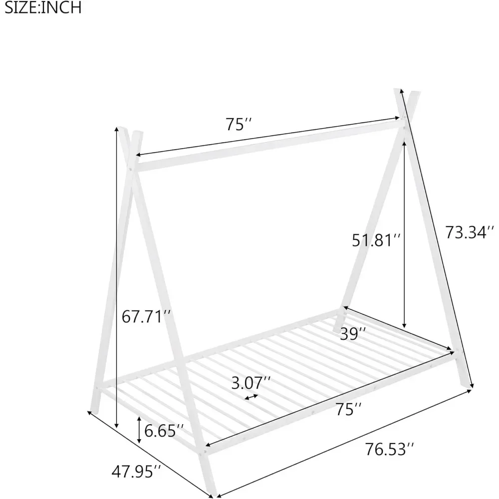 Twin Size Tent Floor Bed Frame for Kids, Metal Montessori Floor Bed, Twin House Bed for Kids Girls Boys, White