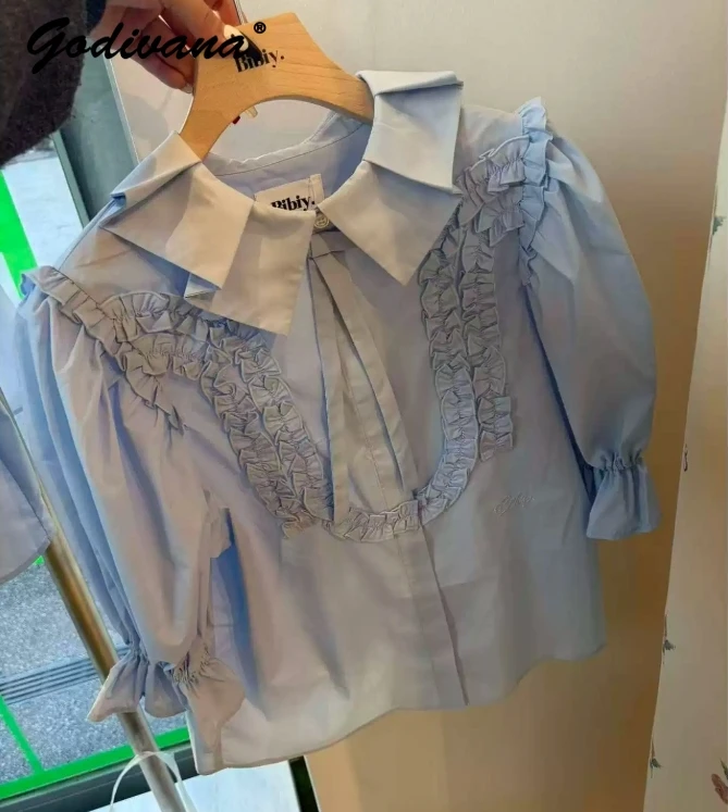 

Japanese Style New Spring Pleated Lace Petal Collar Puff Short Sleeve Shirts Elegant Women's Blue White Blouses Blusas