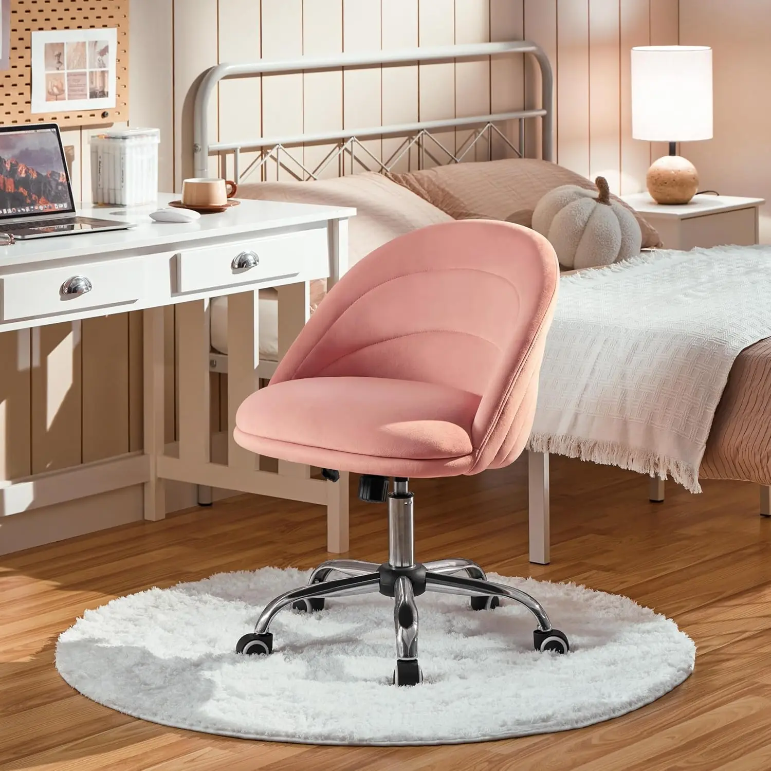 Velvet Cute Desk Chair Armless Office Swivel Vanity Chair with Wheels Adjustable Comfy Desk Chair  for Home Office Pink