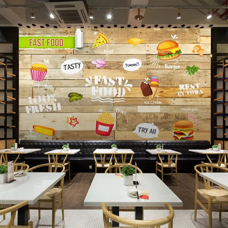 Customized products Mural Wallpaper 3D Fashion Hand-painted Dessert Cake Shop Wood Board Fresco Restaurant hamburger fries pizza