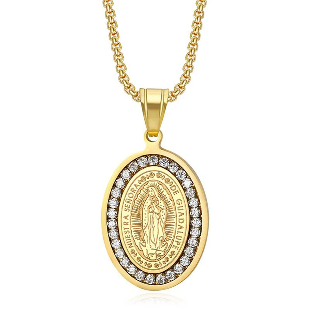 

Religious Iced Out Virgin Mary Pendant Gold Color Stainless Steel Christian Madonna Necklace for Women Fashion Jewelry Gift