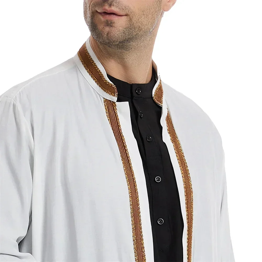 Men's Long Sleeve Open Abaya Muslim Saudi Jubba Thobe Ramadan Kimono Robe Caftan with Stand Collar Islamic Arabic Dress for Du