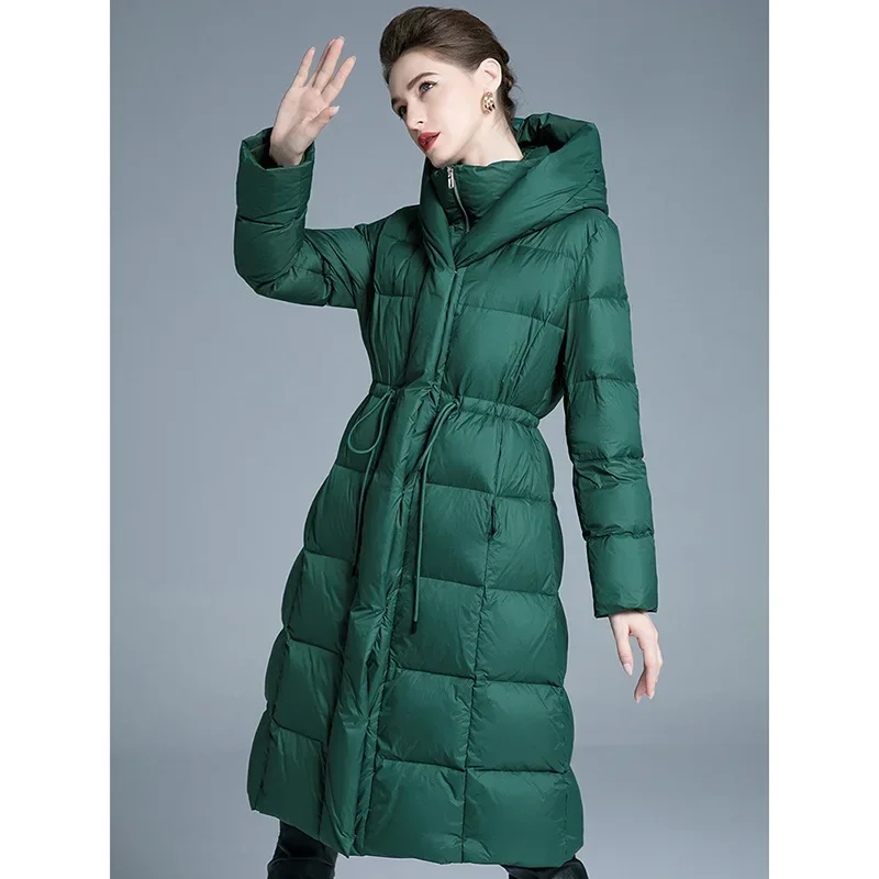 Winter 90 White Duck Down Jacket for Women Mid To Long Waist Cinched Hooded Down Jacket