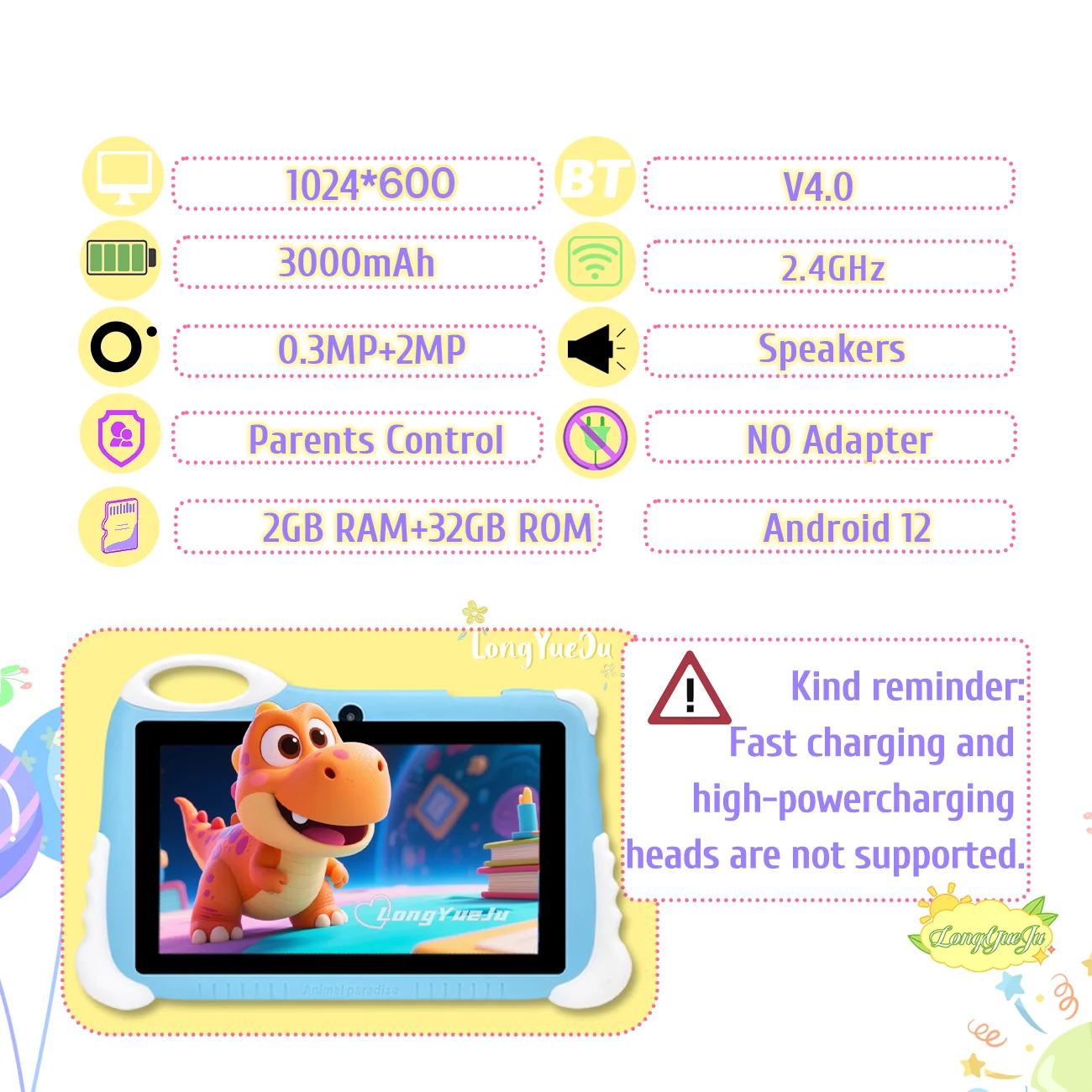 Tablet per bambini da 7 pollici con controllo parentale |   Tavoletta educativa con WiFi, schermo HD e doppia fotocamera | Regalo di Natale, Halloween