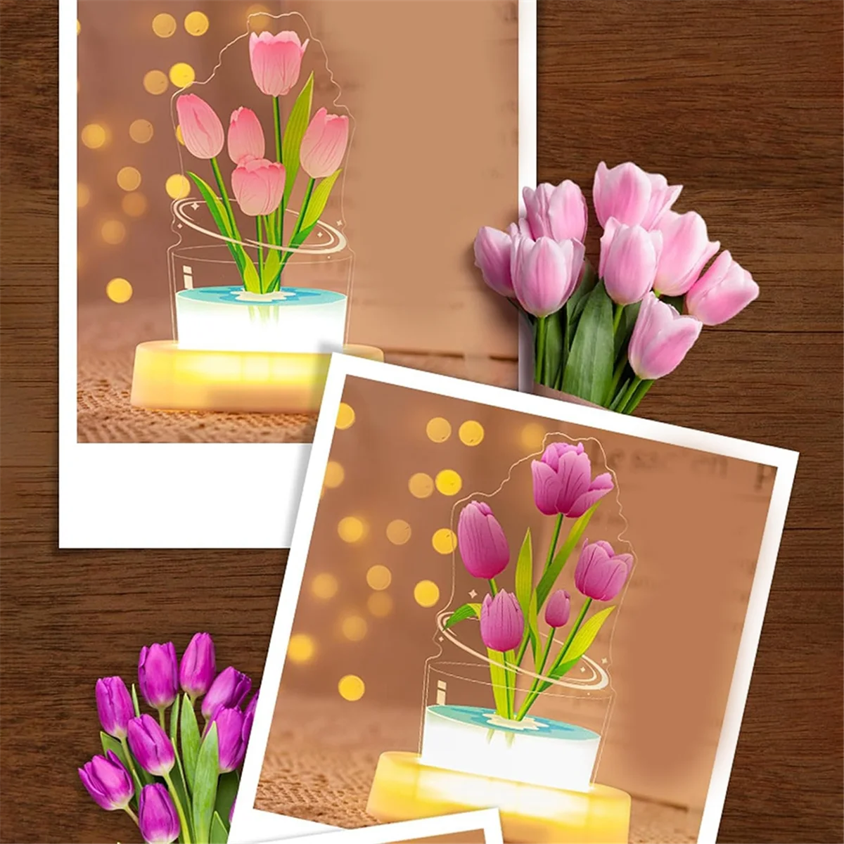 3D Tulip Night Light, USB Charging LED Nightlight Tulip Flower Table Lamp Bedside Table Lamp for Room Decoration B