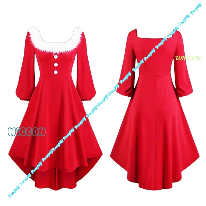

Женское рождественское платье для выступлений, пышное платье трапециевидной формы с квадратным вырезом, нерегулярный подол, декор на пуговицах, Санта-Клаус, косплей, праздничное сценическое шоу