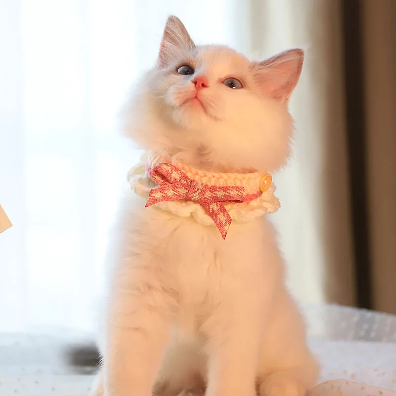 

Cute Cat Neck Collar Neck Section Pet Decoration Bow Knot Wool Knitted Scarf Scarf Handwoven Dog Drool Scarf Kitten Accessories