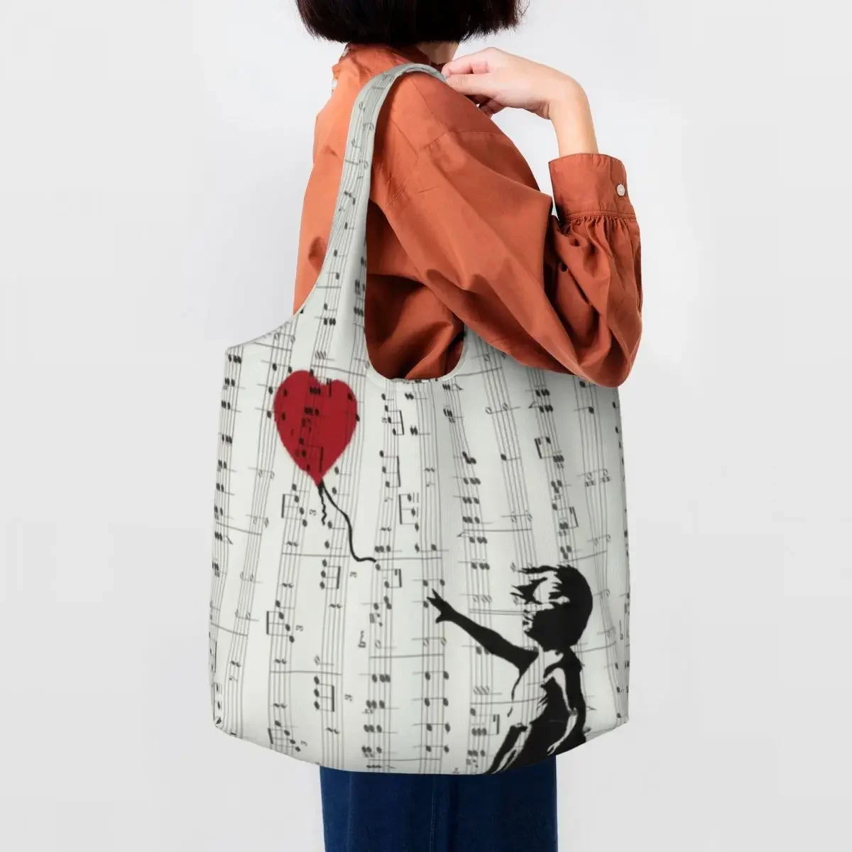 

Girl Heart Balloon Grocery Shopping Tote Bag Women Banksy Art Graffiti Canvas Shopper Shoulder Bag Large Capacity Handbag