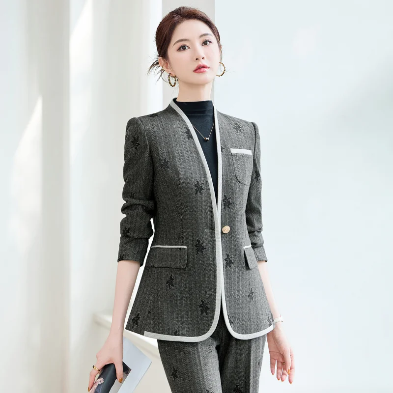 الخريف الشتاء السترة أنيقة رسمية الراقية المطبوعة دعوى المرأة رمادي قطعتين عمال النساء السراويل مجموعة