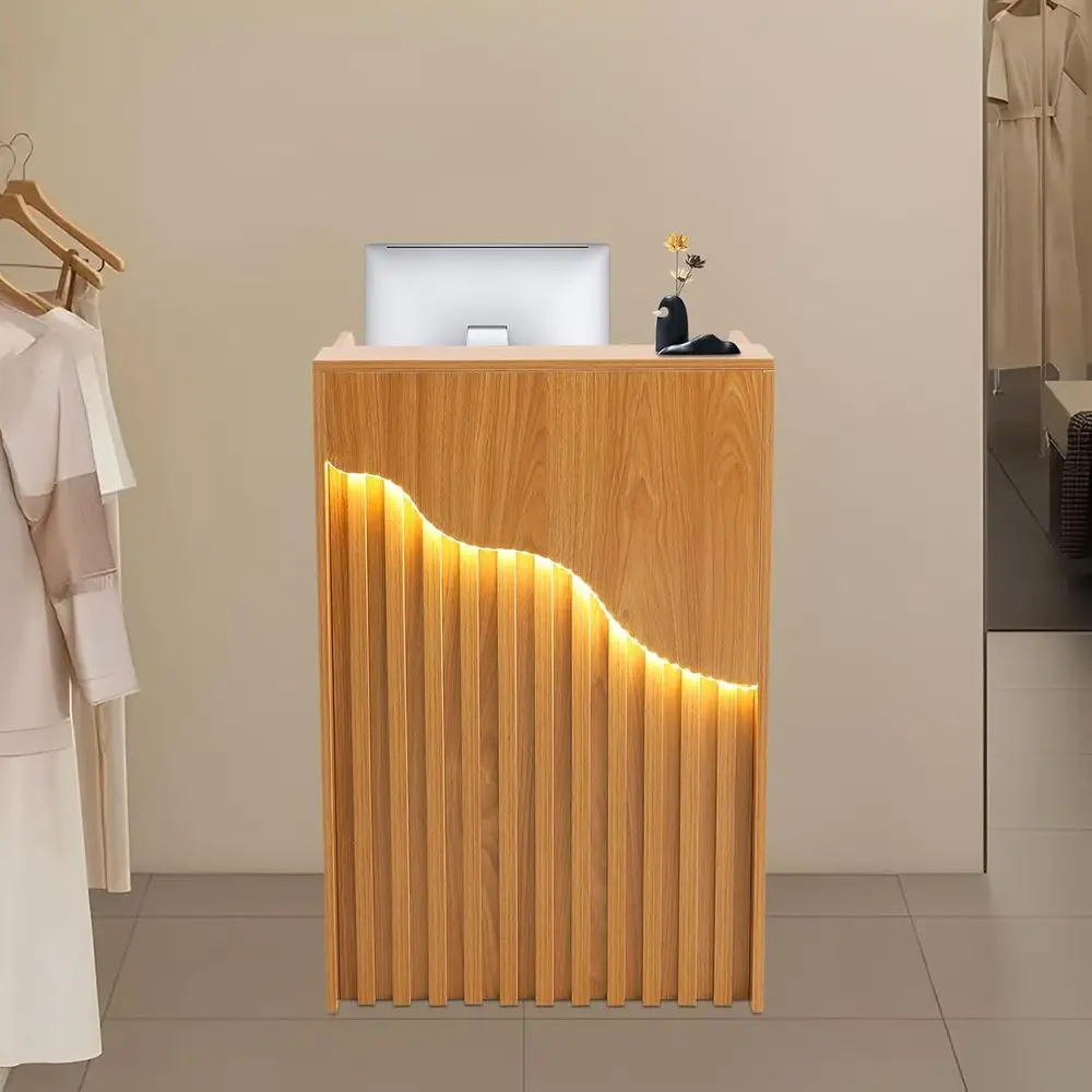 Small Retion Desk with Counter LED Light, Desk with Lockable Drawers, 23.62 × 15.75 × 37.8 inches, Natural Wood Color