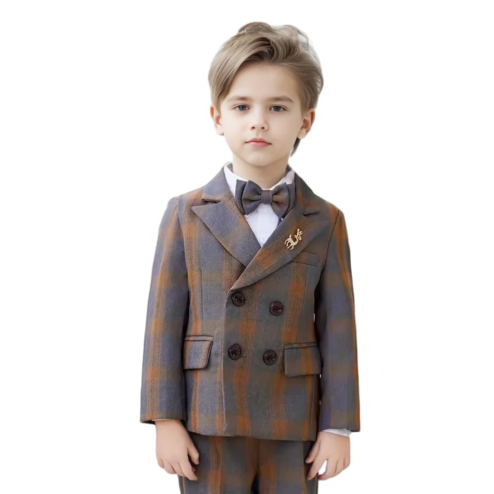 

Children's Formal Plaid 4pcs Suit Boy Handsome Host Piano Performance Photography Costume Kids Blazer Vest Pants Bowtie Outfit