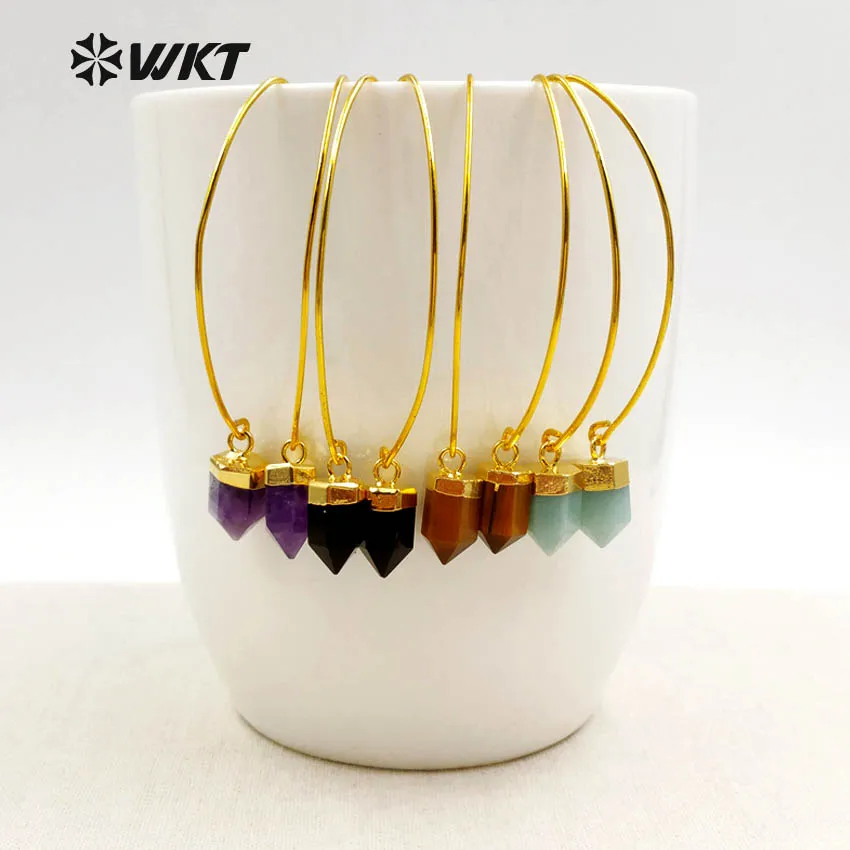 WT-E411 Romantic high quality natrual stone pendant six side columnar shape dangle earrings unique design earrings for women