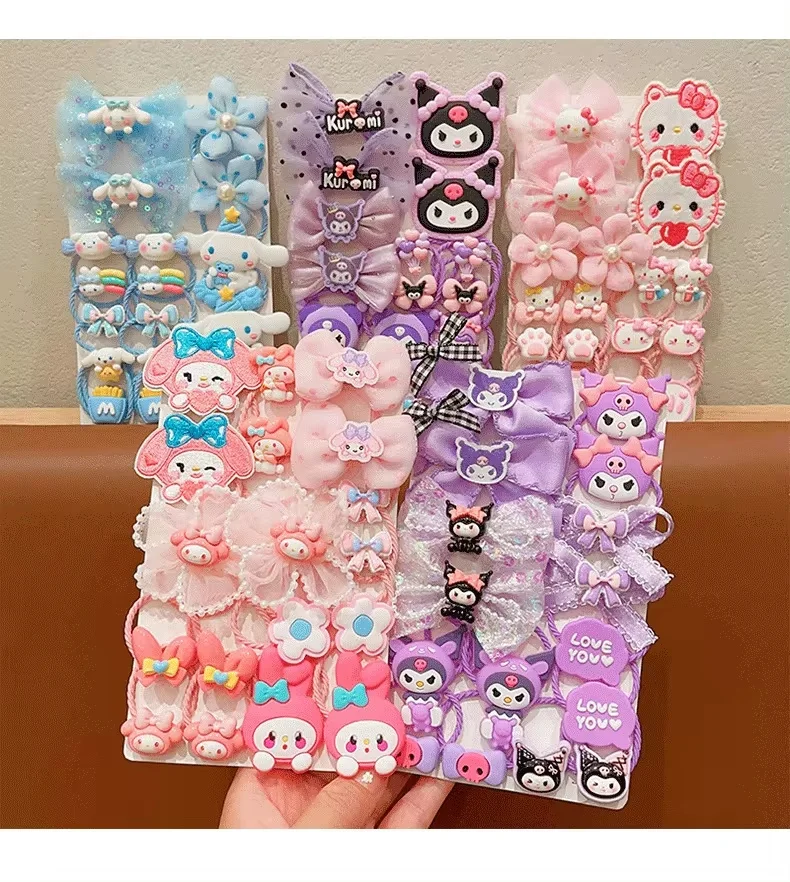 18Pcs Sanrio Kawaii Hello Kitty Stretch Bow Hair Tie for Kids Kulomi Double Ponytail Leather Band Hair Accessories Student Gift