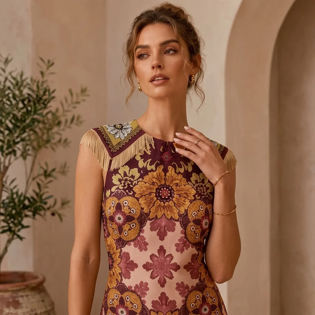 Picture 6: Vintage Bohemian Scarf Print Midi Dress Women Elegant Floral Sleeveless Wrap Dress Summer Asymmetrical Handkerchief Hem Fringe