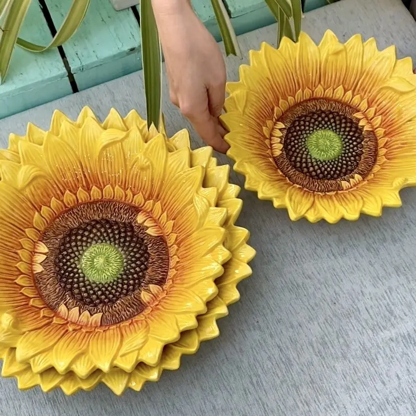 Ceramic Dried Fruit Plate with Sunflower, Candy Storage Tray, Home Decor, Kitchen, Living Room, Salad Plate, Soup Bowl, Three