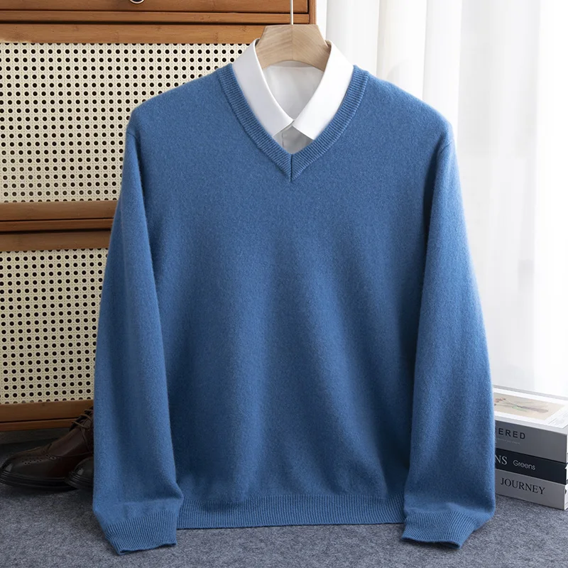 Classic Seamless 100% Pure Wool Pullover Men Basic Knitwear Sweater V-Neck Long Sleeve Business Soft Warm Thick Clothing Tops