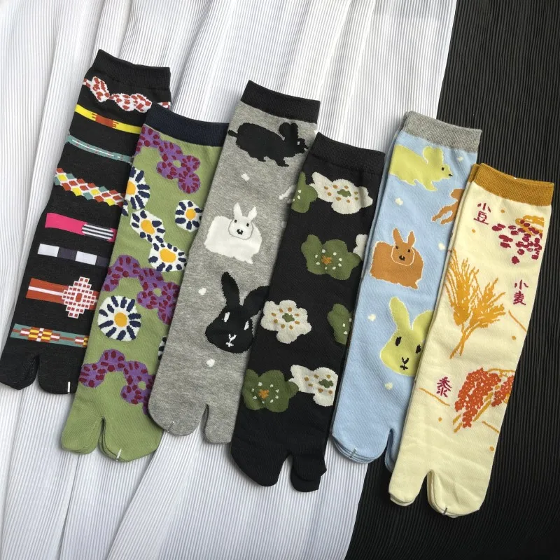 Cartoon Art Tabi Socks For Women Japanese Harajuku Split Toe Socks High Quality Combed Cotton Thin Crew Cute Two Toe Socks