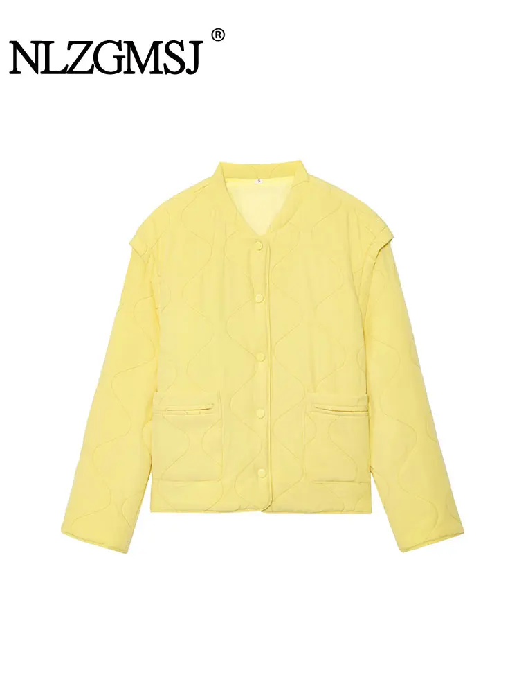 

NLZGMSJ Autumn&Winter High Street Chic Women Padded Jacket Solid Button O-Neck Long Sleeve Yellow Thick Coat Fashion Outwear