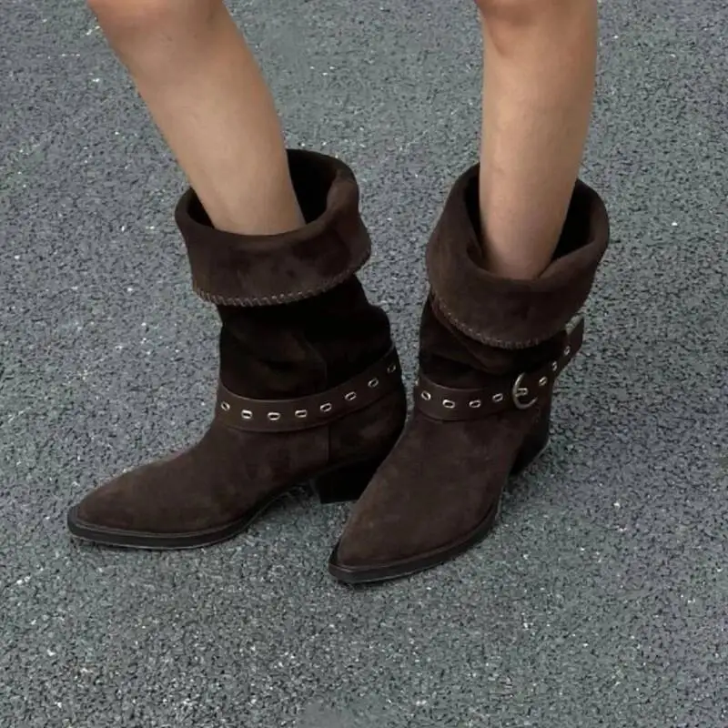 الأحذية النسائية الجلد المدبوغ حذاء من الجلد أشار تو أحذية بكعب مصمم شتاء جديد فارس المصارع مضخات أنيقة Mujer بوتاس #1