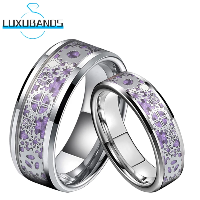 

Tungsten Carbide Men's Rings Beveled Edge 6mm 8mm Gear Purple Carbon-Fiber Inlay Polished Finish Accessories for Women Gifts