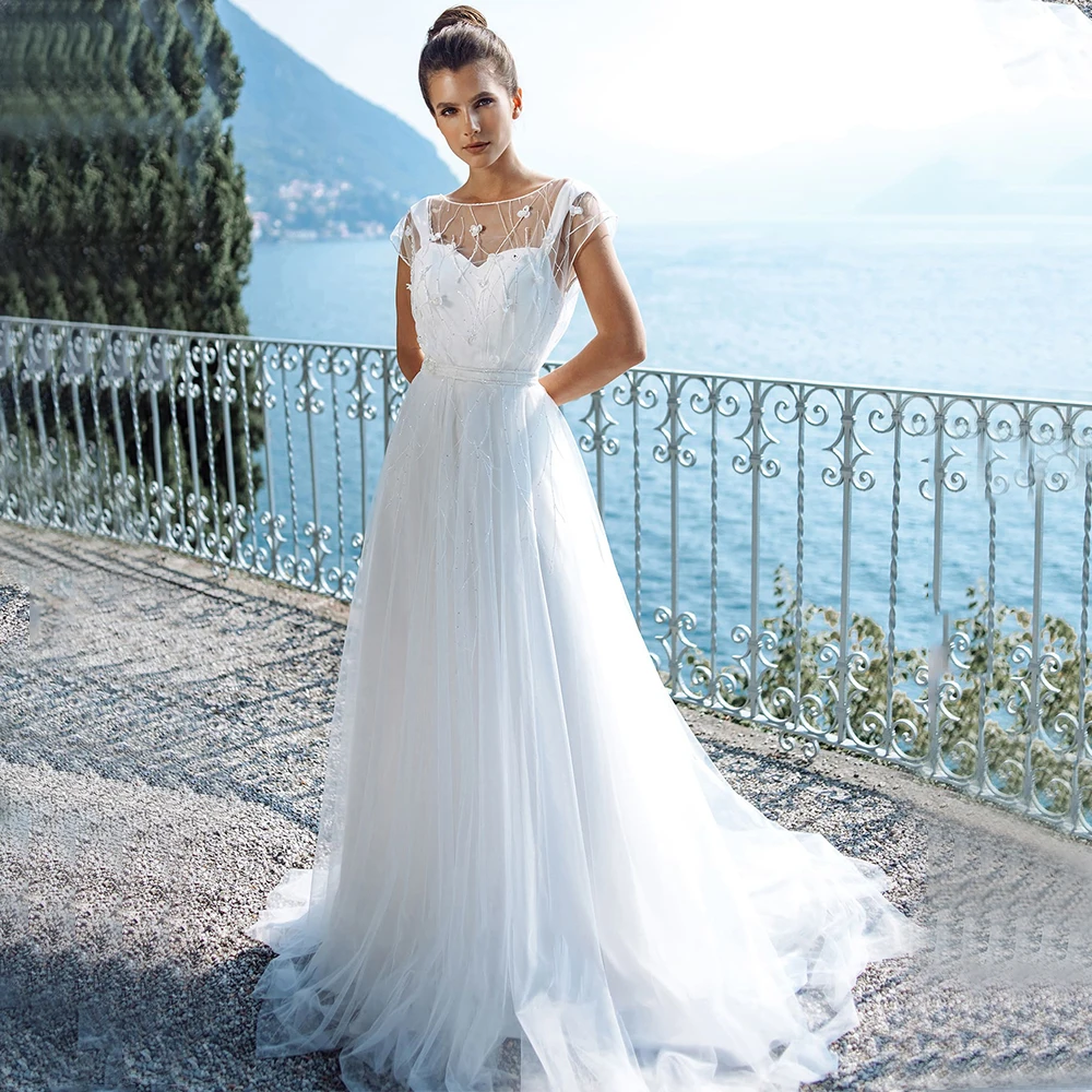 

Elegant 3D Beading Floral Wedding Dress Tulle Illusion Short Sleeve A-Line and Floor Length Bridal Customized Abiti Da Sposa