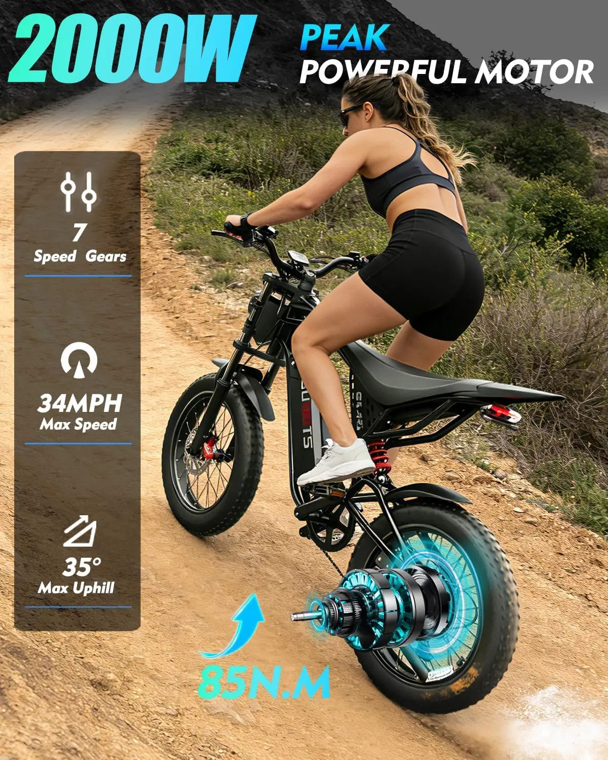 

2000W Electric Dirt Bike Motorcycle Adults Teens 34MPH 48V20AH 80 Miles TUV UL Certified, 20x4.0" Fat Tire Off Road Fast Ebike