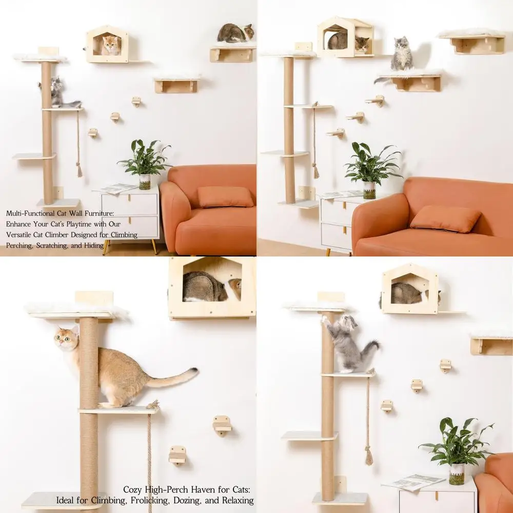 

4-х уровневое деревянное настенное дерево для кошек с домом, жердочками и ступеньками для больших кошек