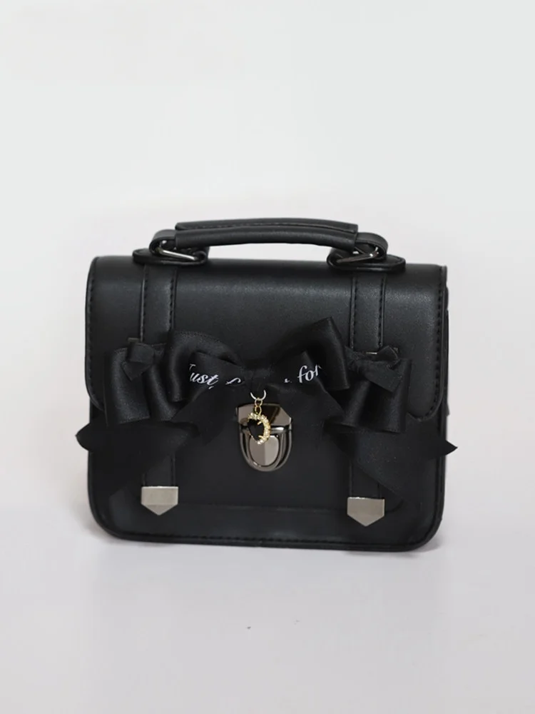 Japanese Style Minimalist Jk Bag Sweet Campus Girls Black Cute Letter Bow Exquisite Fashionable Uniform Buckle Pu Handbag