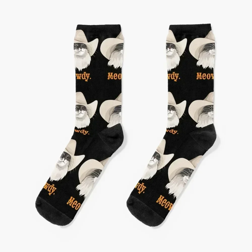 

Meowdy Cat Wearing a Cowboy Hat Meme Socks bright garter colored luxe cartoon Woman Socks Men's