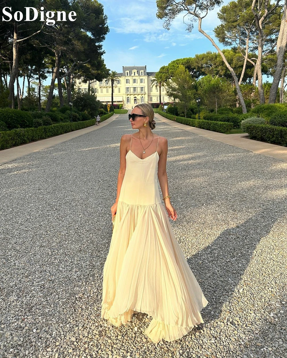 SoDigne Elegant Chiffon Evening Dress Beach A-Line Pleated Spaghetti Straps Summer Party Dress Simple Formal Occasion Prom Gowns