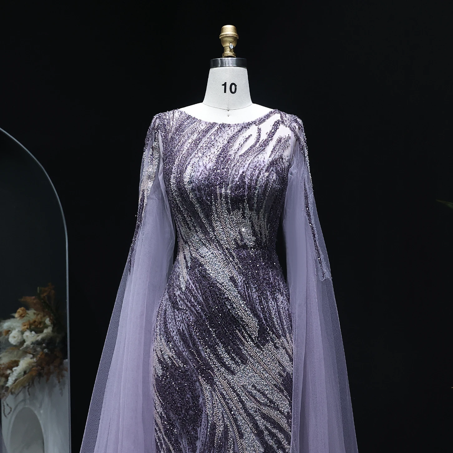 Sharon Said Dubai Women Elegant Purple Luxury Arabic Evening Dress with Cape Sleeves Wedding Party Gown SS051 Customized image 3