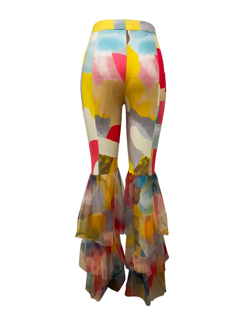 Tie Dye Print Mesh Ruches Patchwork Vrouwen Flare Broek Elegante Slanke Hoge Taille Vakantie Feest Broek Casual Streetwear Broekjes