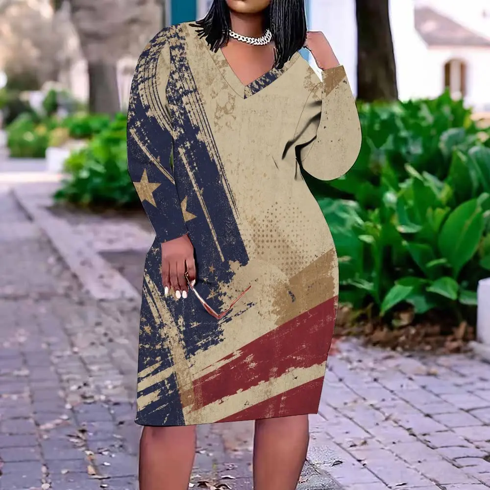 Women V Neck Long Sleeve Distressed Star Stripe Printed Fitted Straight Hem Dress