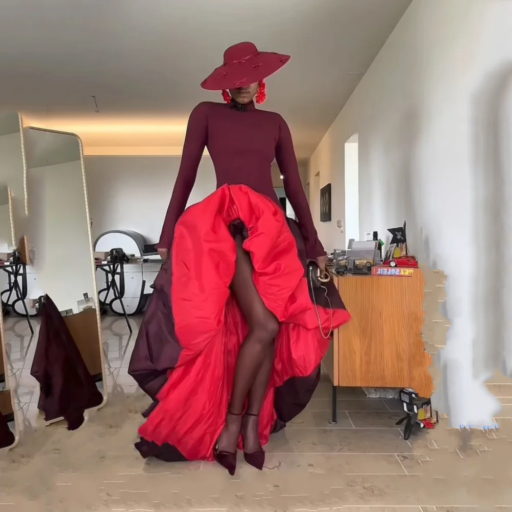جديد كوتور عنابي أحمر 2 لون فساتين حفلات التفتا فستان حفلة أنيق مع كم كامل فساتين نسائية طويلة مصنوعة حسب الطلب