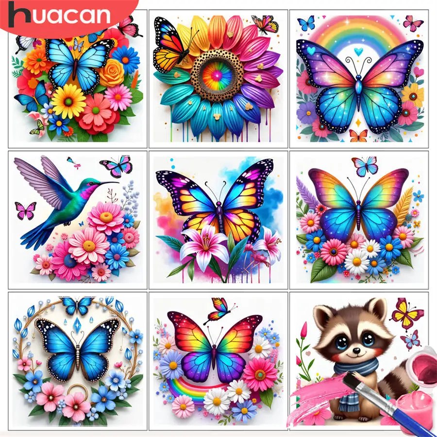 HUACAN Malen nach Zahlen-Kits, Schmetterlings- und Blumenkomposition, DIY-Ölzeichnung, Blumen