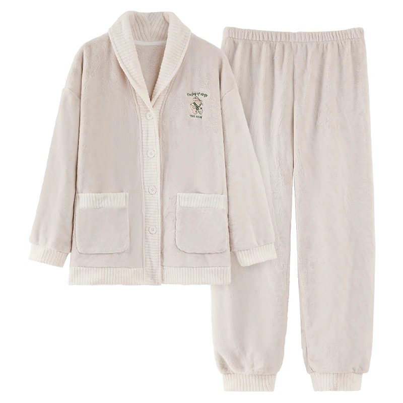 

Winter Women Pajama Set Warm Flannel Sleepwear Female Long Sleeve Cute Cartoon Nightwear