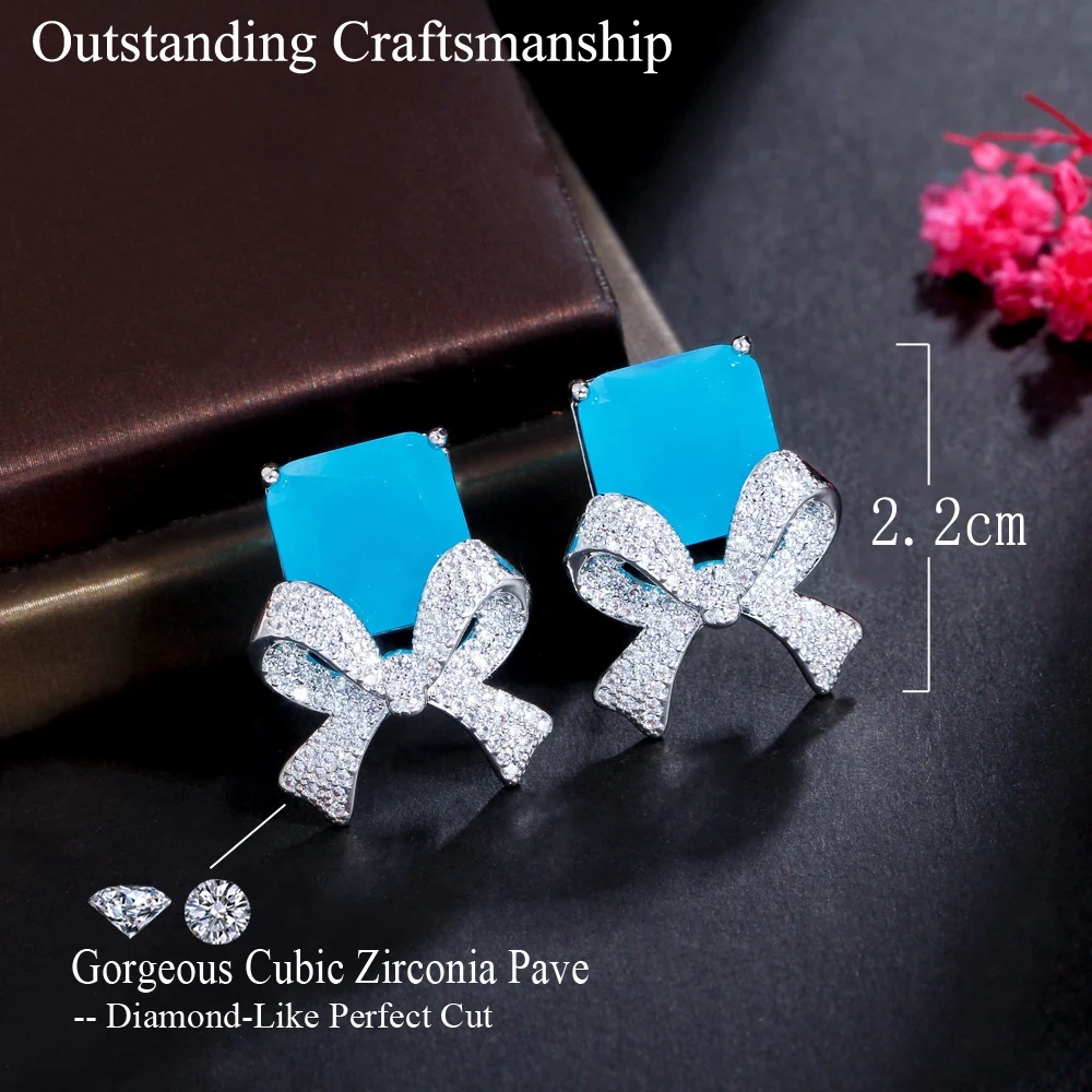 CWWZircons Popular Light Blue CZ Stone Paved Geometric Cute Bowknot Drop Earrings for Ladies Fashion Korean Style Jewelry CZ339