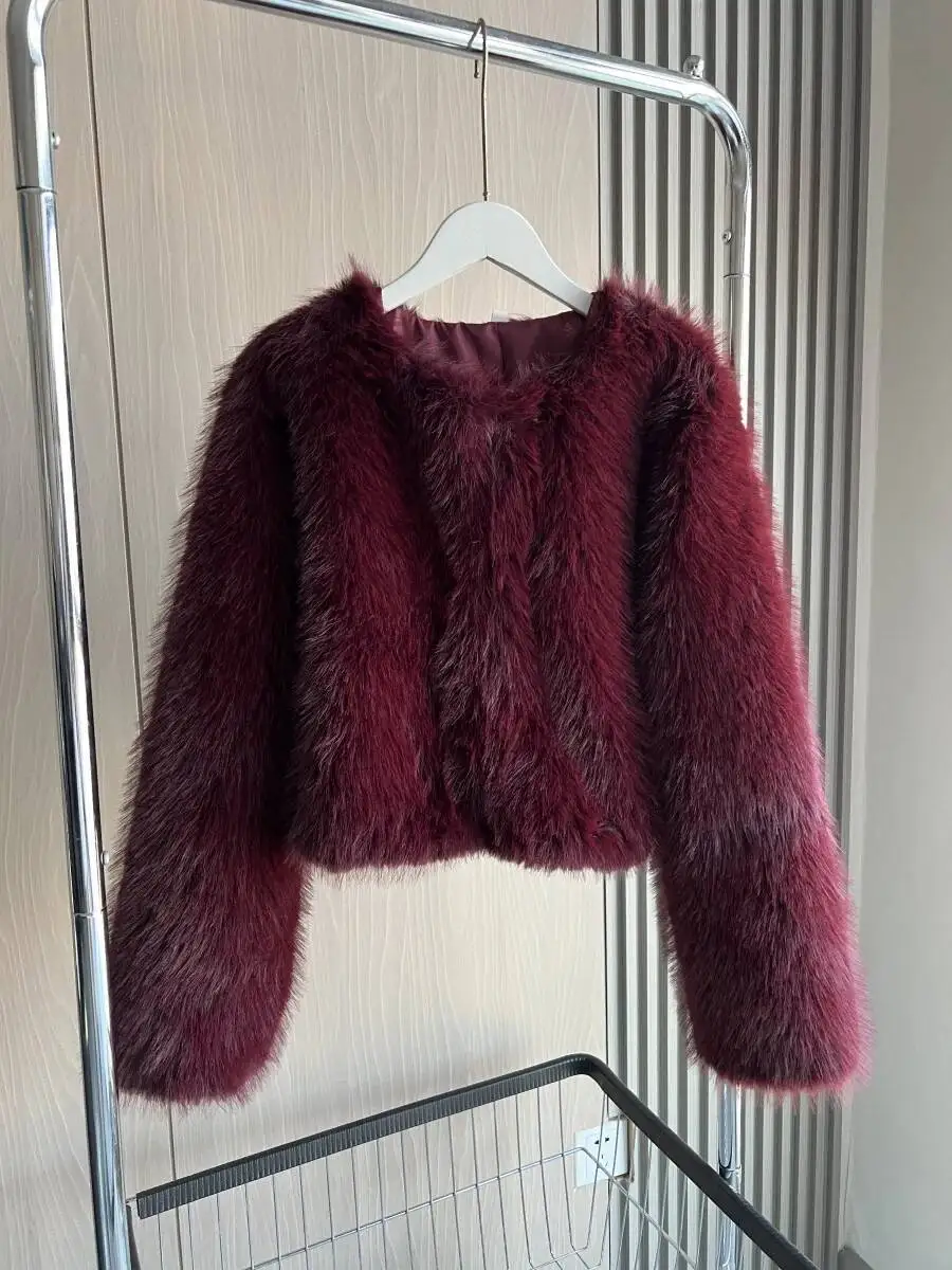2025 Fall/Winter New Fashion Women's Faux Fur Effect Round Neck Long Sleeve Short Jacket